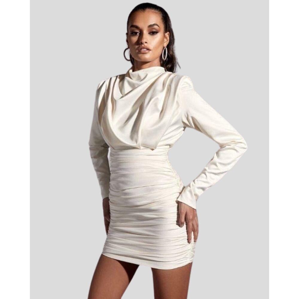 House of CB Giorgiana Ivory Satin Draped Mini Dress Size S Small